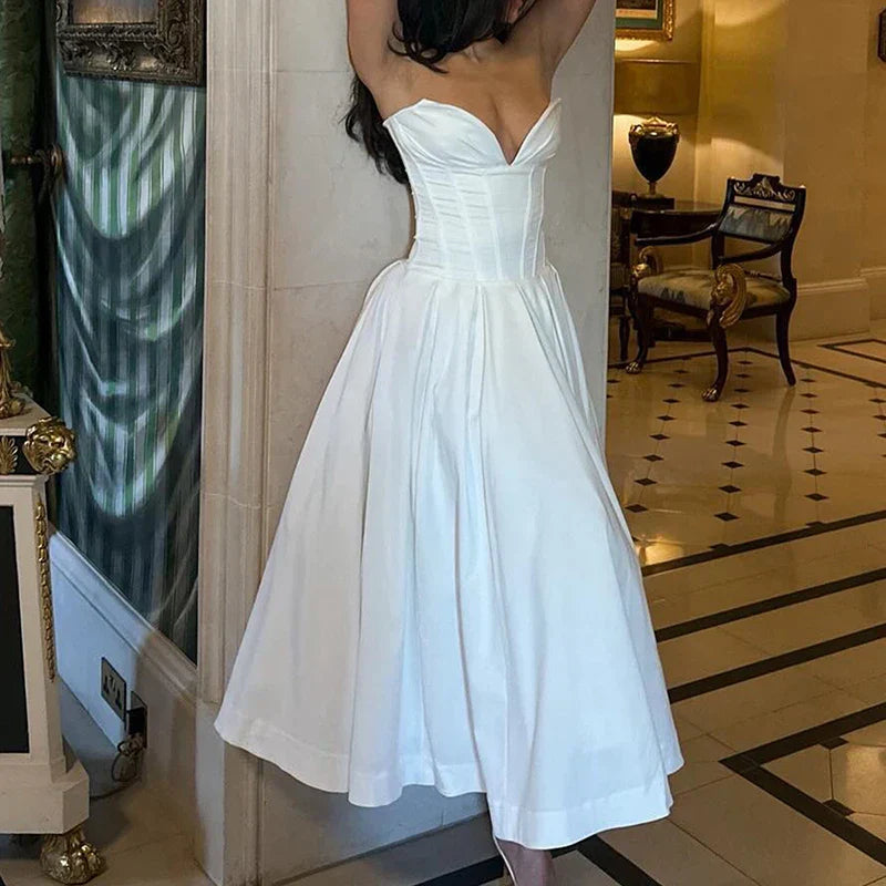 Elegant V-neck satin party gown with sweetheart neckline and corset bodice - View 8 | Clistos