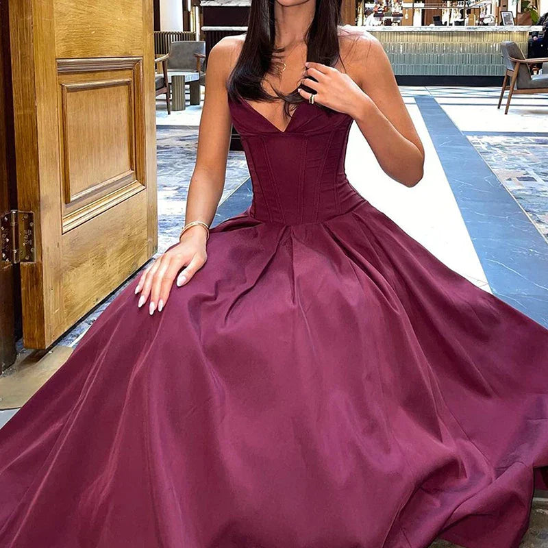Elegant V-neck satin party gown with sweetheart neckline and corset bodice - View 20 | Clistos