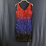 A sleeveless V-neck sequined dress with a red, blue, and black ombre effect.