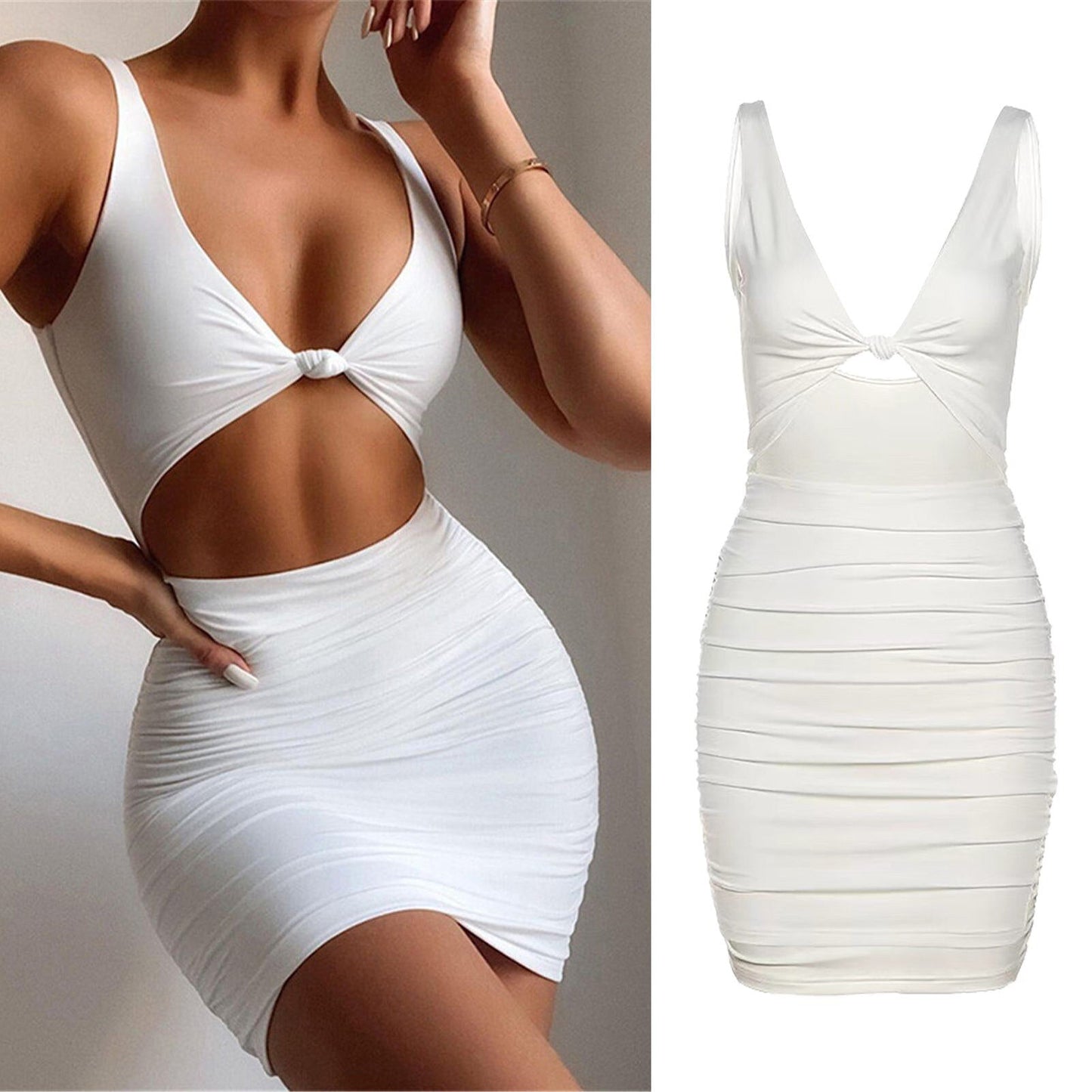 White ruched bodycon dress with cut-out and knot detail, shown on a model and as a flat lay