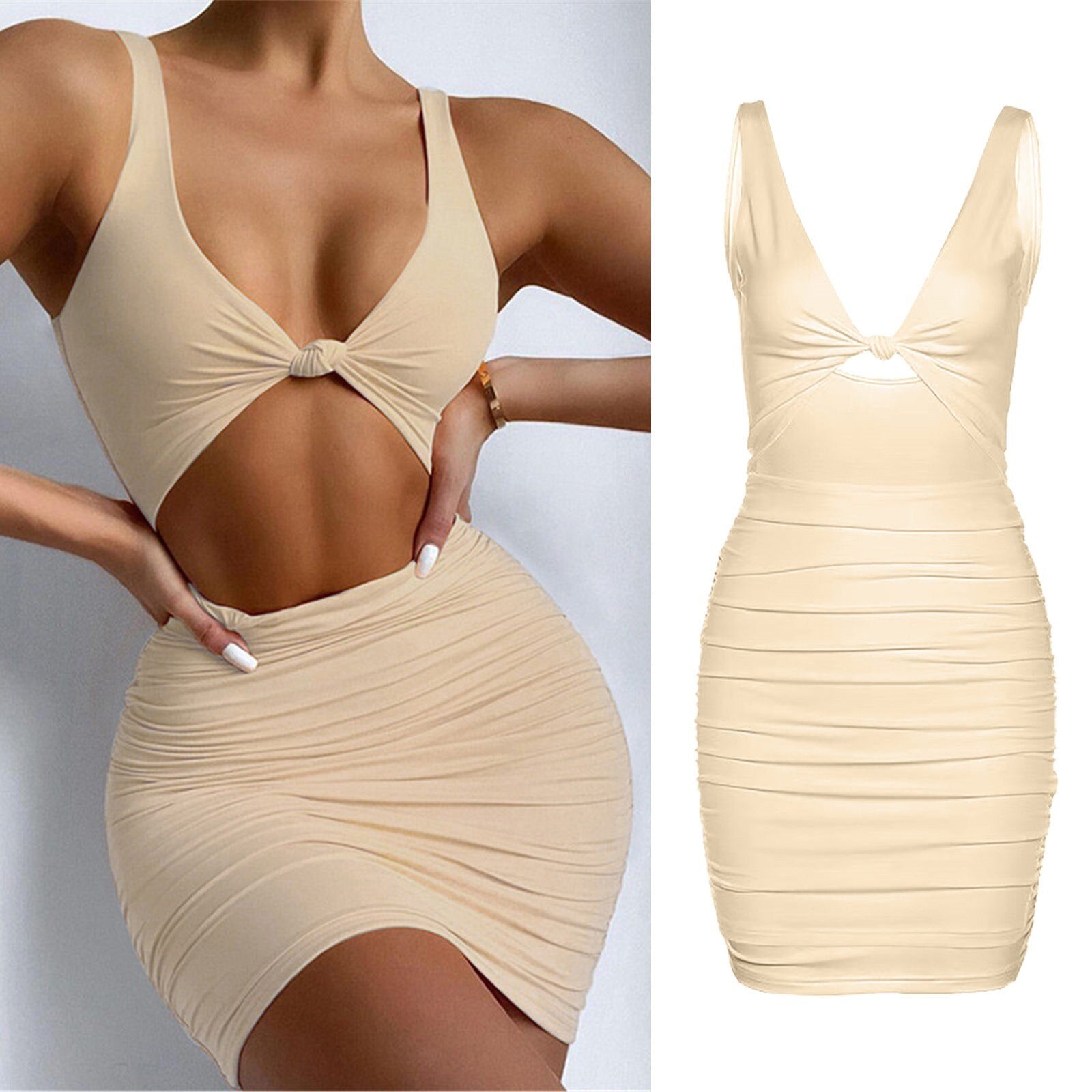 Beige ruched bodycon dress with cut-out and knot detail, shown on a model and as a flat lay