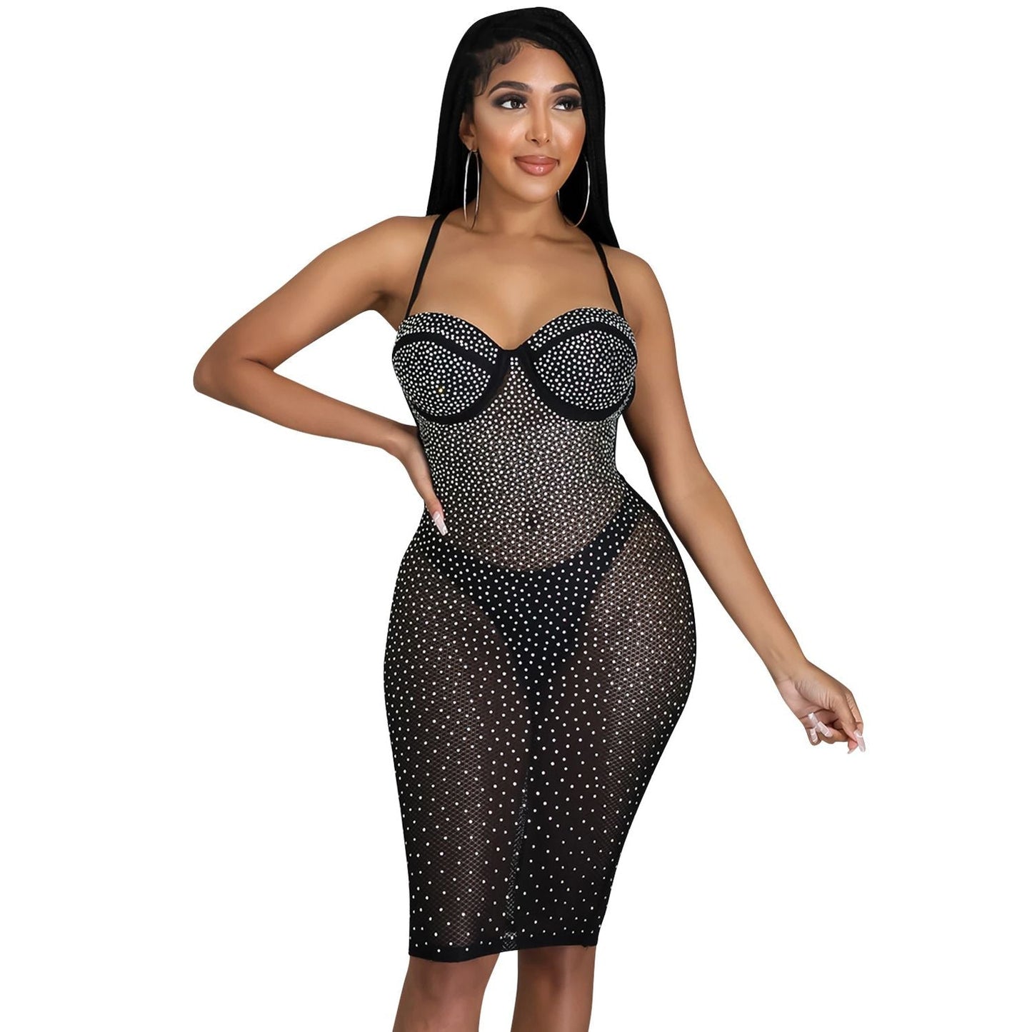 Sheer Mesh Bodycon Halter Midi Dress - View 7 | Clistos
