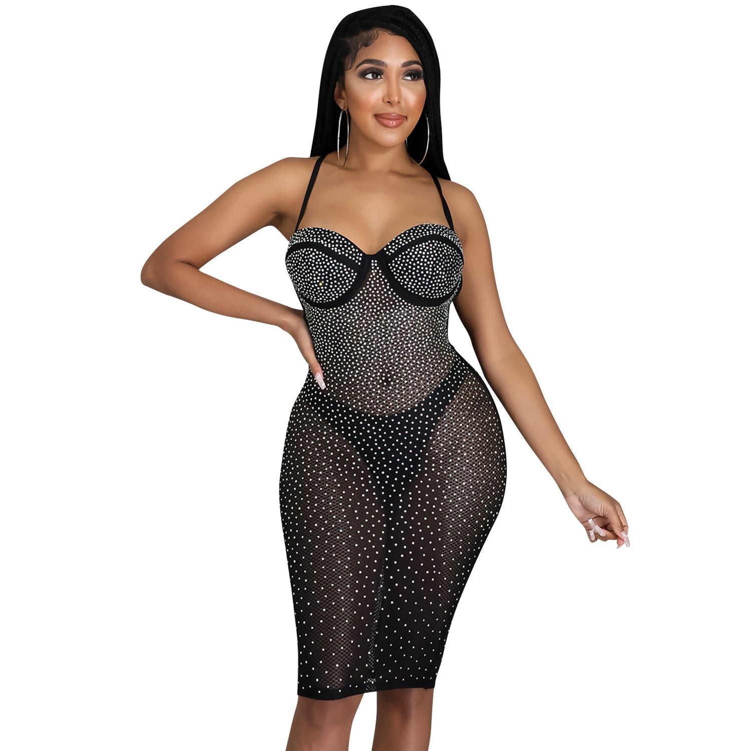 Sheer Mesh Bodycon Halter Midi Dress - View 7 | Clistos