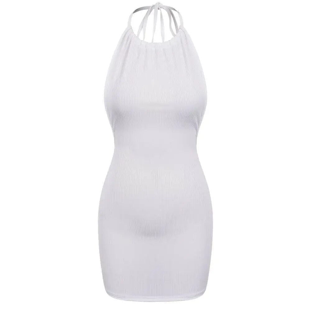 Back view of a white ribbed halter neck mini dress with a gradient effect on the bodice.