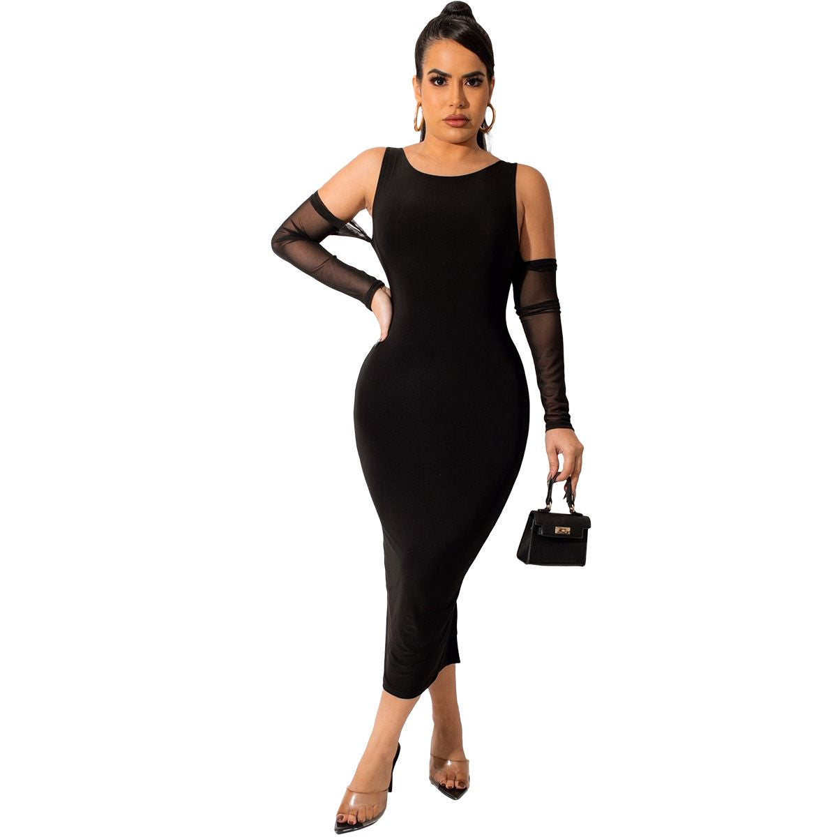 Off Shoulder Mesh Long Sleeve Bodycon Midi Dress - View 9 | Clistos