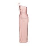 Full-length view of a pink ruched one-shoulder dress on a mannequin