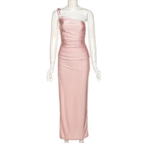 Pink ruched one-shoulder dress on a mannequin