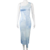 A mannequin wearing a blue and white abstract print one-shoulder midi dress.