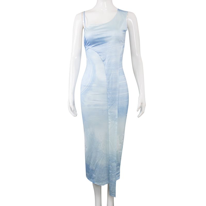 A mannequin wearing a blue and white abstract print one-shoulder midi dress.
