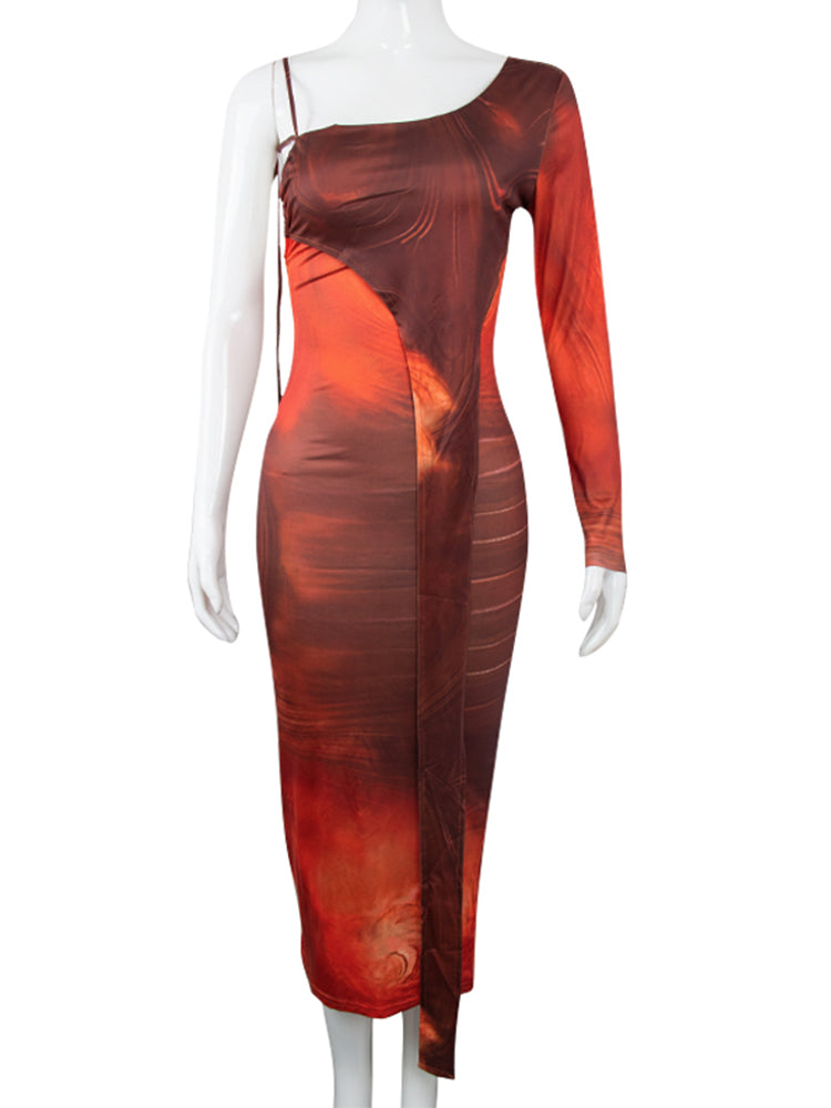 A mannequin wearing a brown and orange abstract print one-shoulder midi dress.