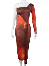 A mannequin wearing a brown and orange abstract print one-shoulder midi dress.