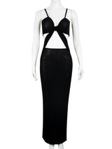 A black cutout maxi dress on a mannequin, front view.