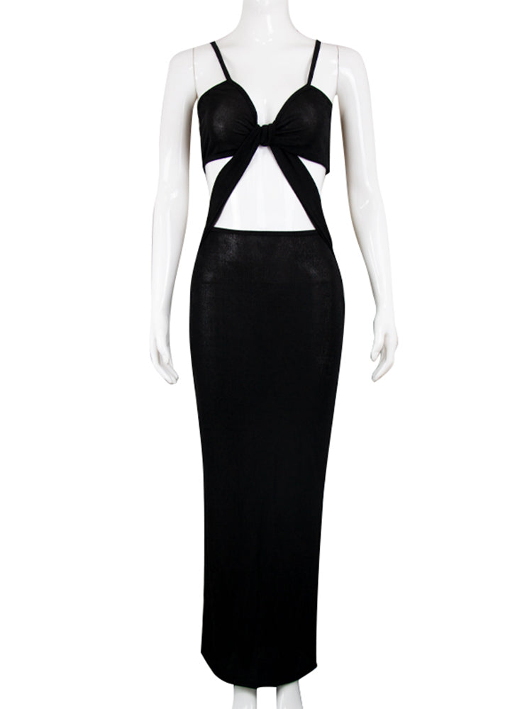 A black cutout maxi dress on a mannequin, front view.