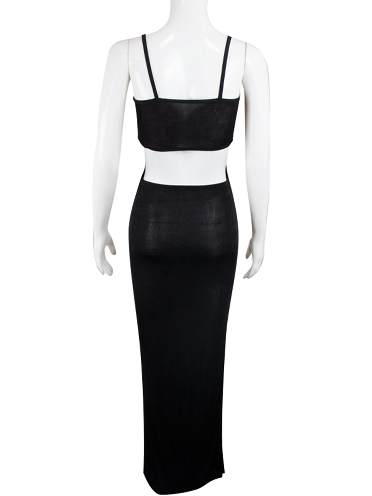 A black cutout maxi dress on a mannequin, back view.