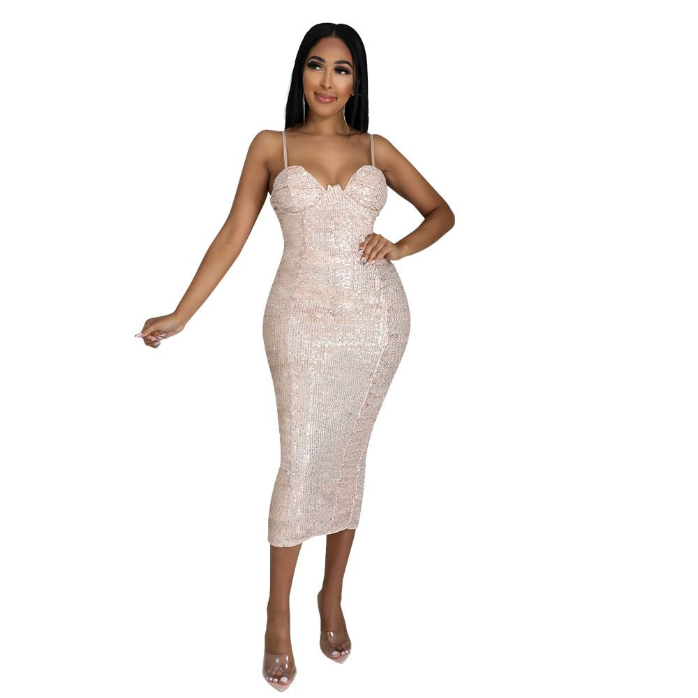 Sequined spaghetti strap split midi dress - View 7 | Clistos