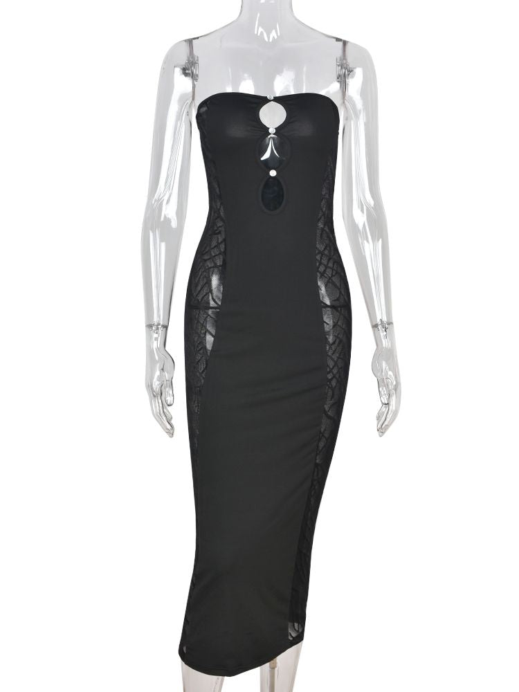 Mannequin displaying a black strapless bodycon maxi dress with cut-out details and sheer side panels.