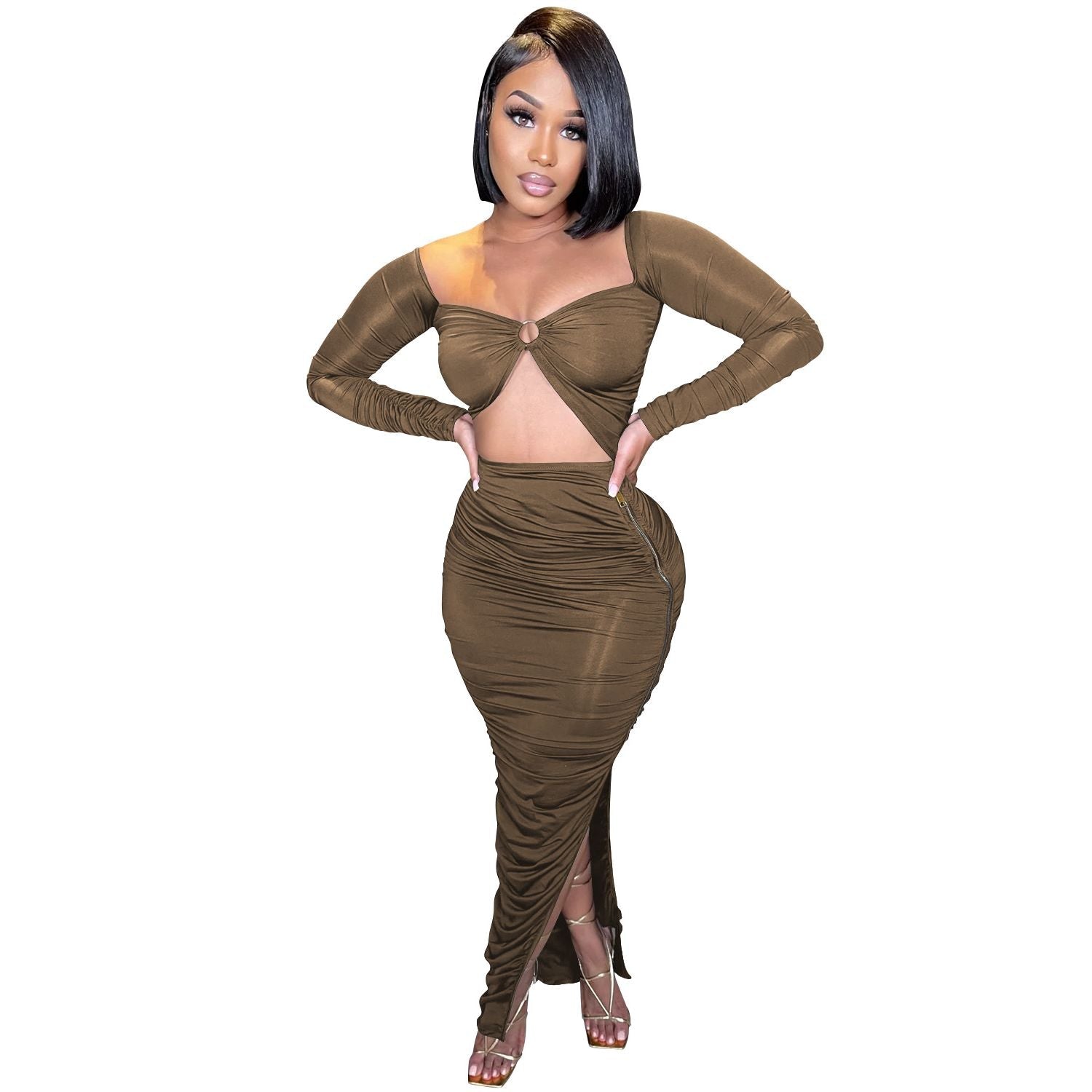 woman wearing a brown ruched two-piece set with a cutout top and high slit skirt