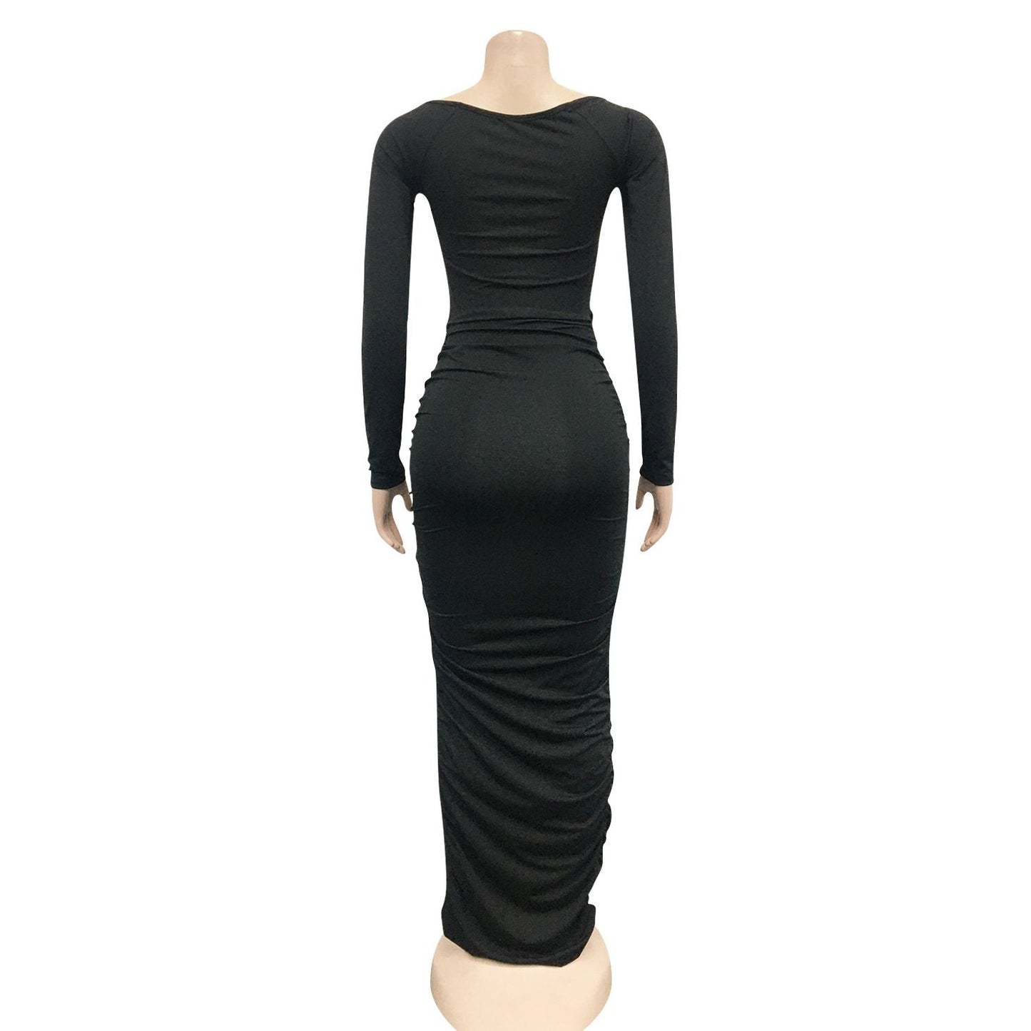 back view of a black ruched maxi dress on a mannequin