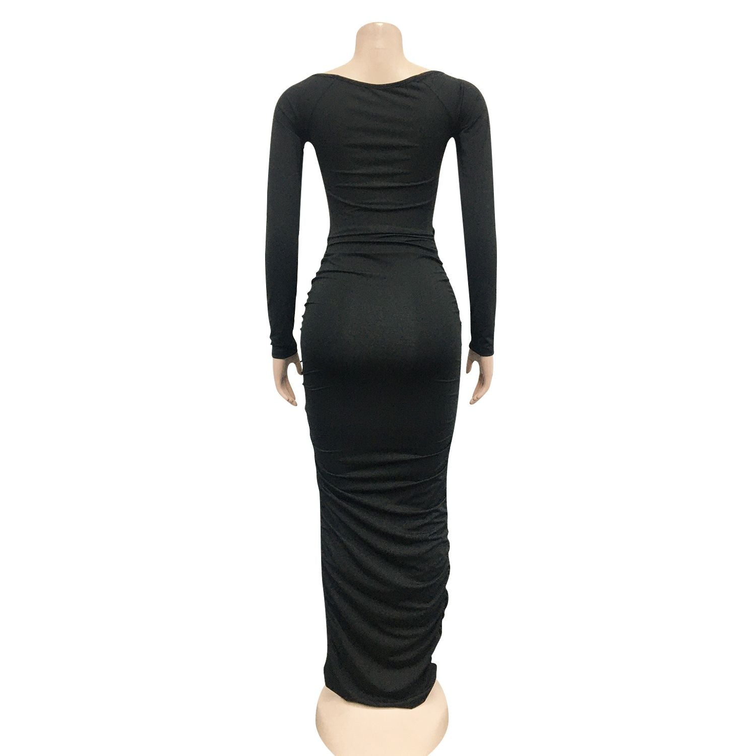 back view of a black ruched maxi dress on a mannequin