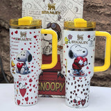 Snoopy Love Sip 40oz insulated tumbler set with yellow handle and heart patterns - View 1 | Clistos