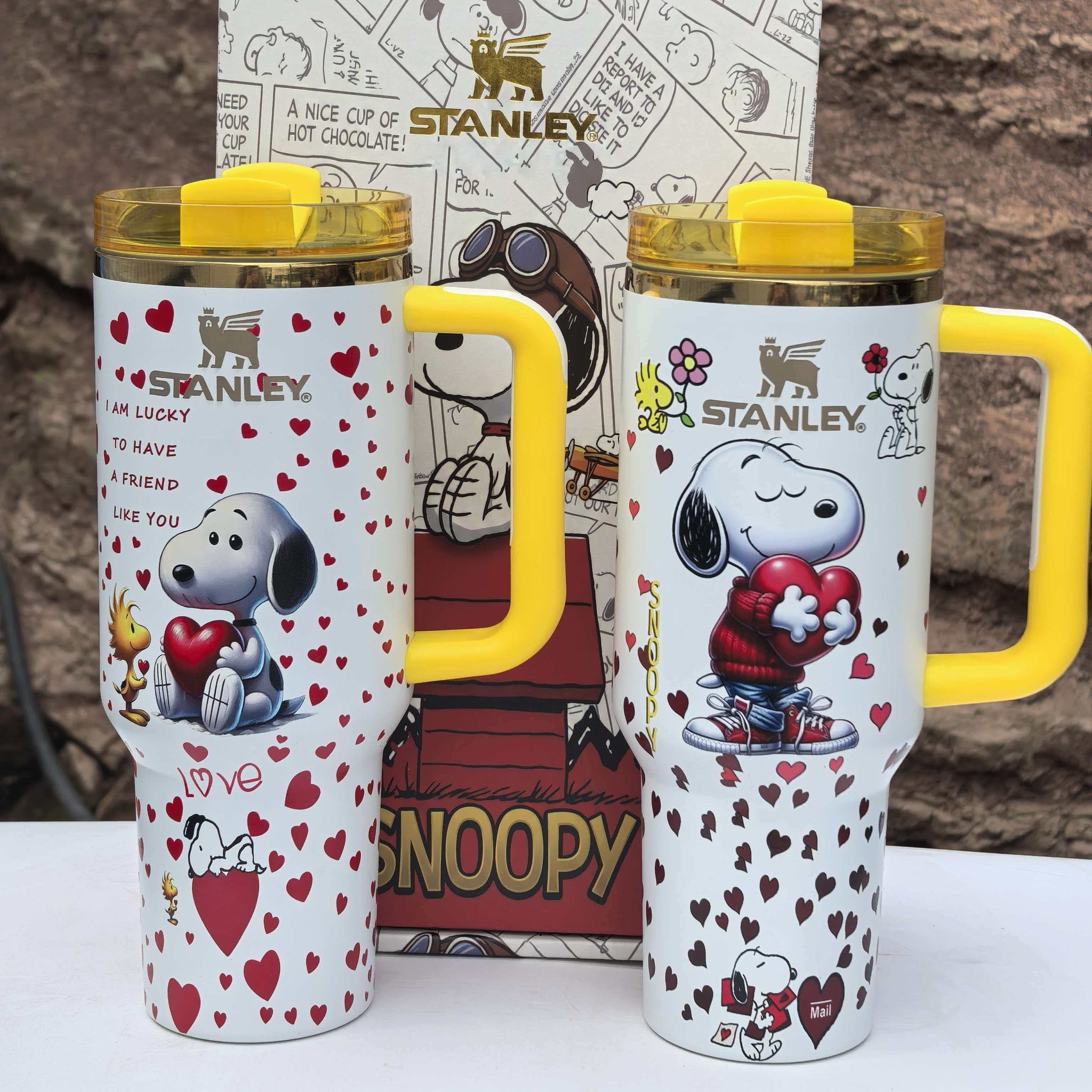 Snoopy Love Sip 40oz insulated tumbler set with yellow handle and heart patterns - View 1 | Clistos