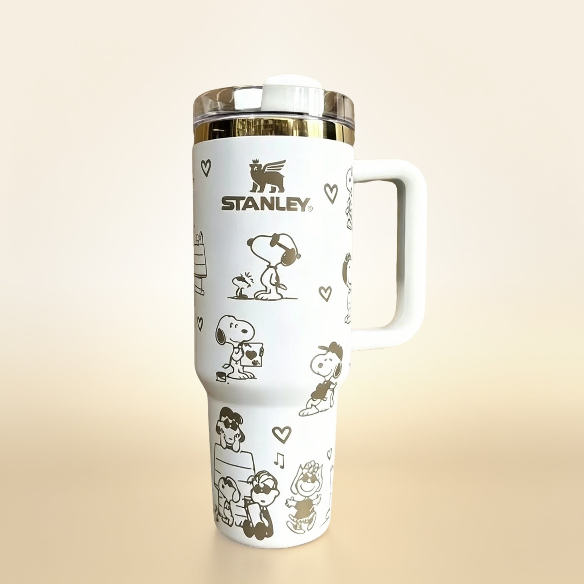 Stanley Snoopy 40oz insulated white tumbler with Peanuts characters doodles and handle - View 1 | Clistos