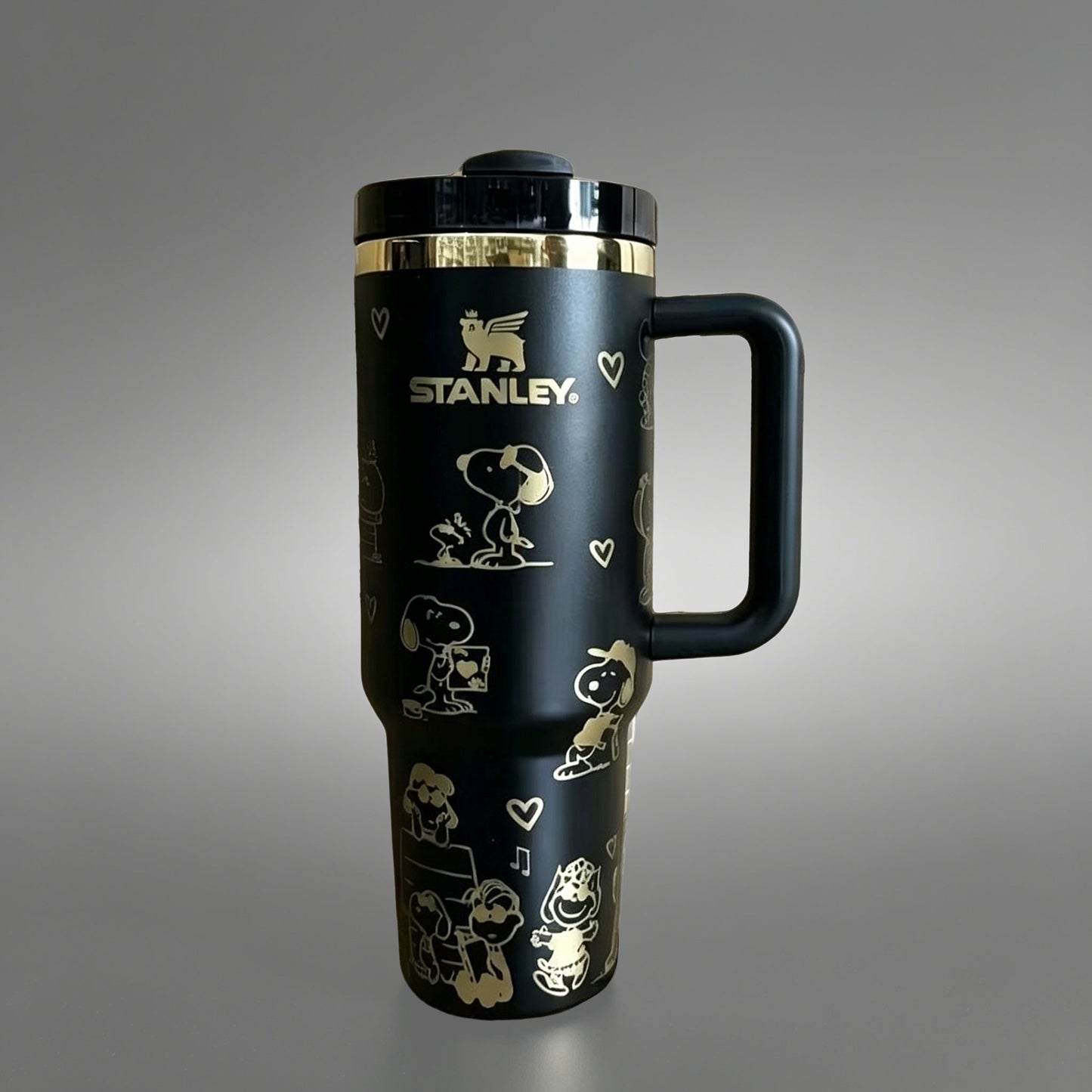 Stanley Snoopy 40oz insulated white tumbler with Peanuts characters doodles and handle - View 2 | Clistos
