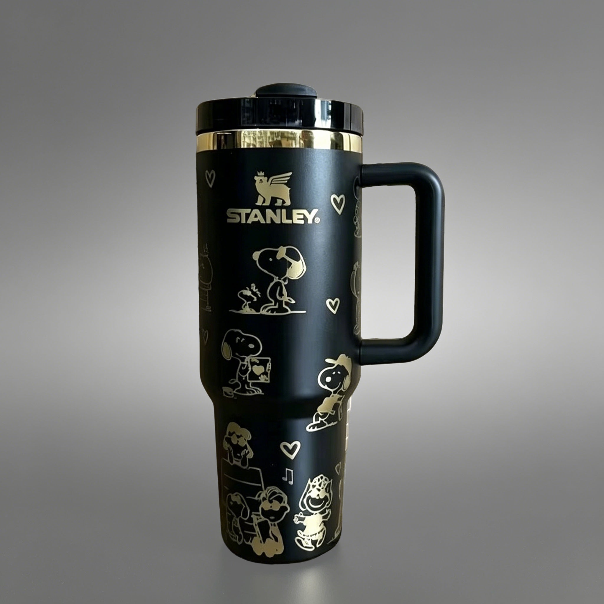 Stanley Snoopy 40oz insulated white tumbler with Peanuts characters doodles and handle - View 2 | Clistos