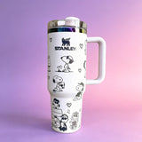 Stanley Snoopy 40oz insulated white tumbler with Peanuts characters doodles and handle - View 3 | Clistos