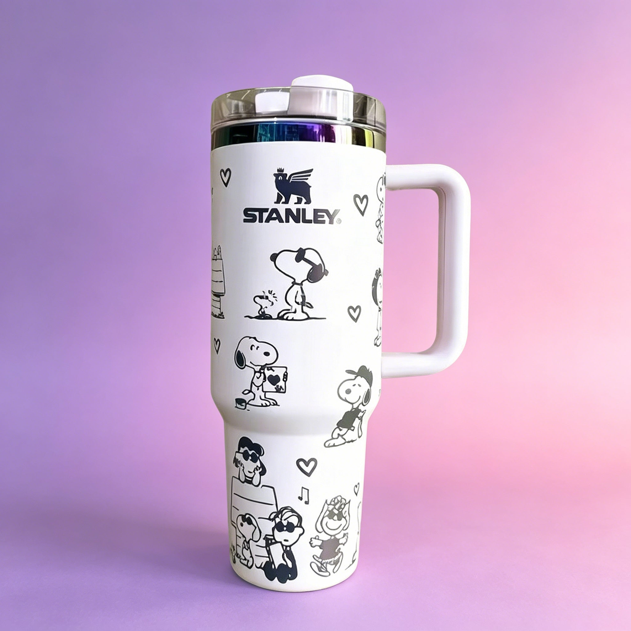 Stanley Snoopy 40oz insulated white tumbler with Peanuts characters doodles and handle - View 3 | Clistos