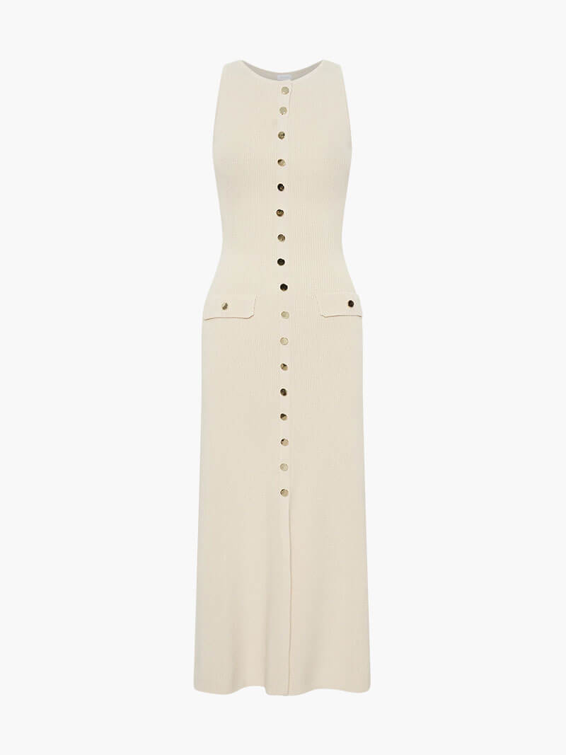 a cream ribbed knit sleeveless midi dress with gold buttons and pockets, and a slit hem, laid flat