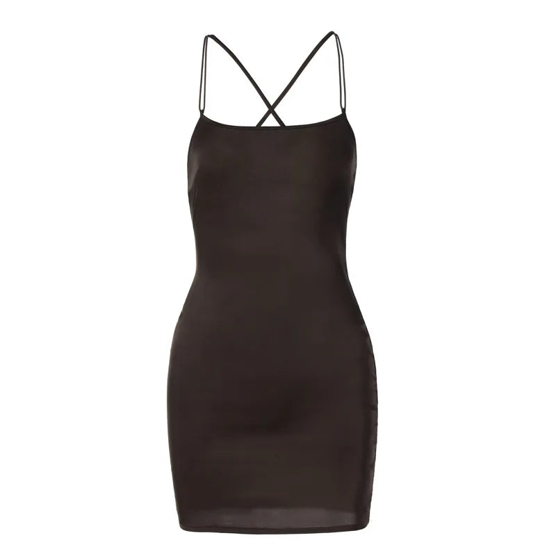 A brown satin mini dress with spaghetti straps and a crisscross back.