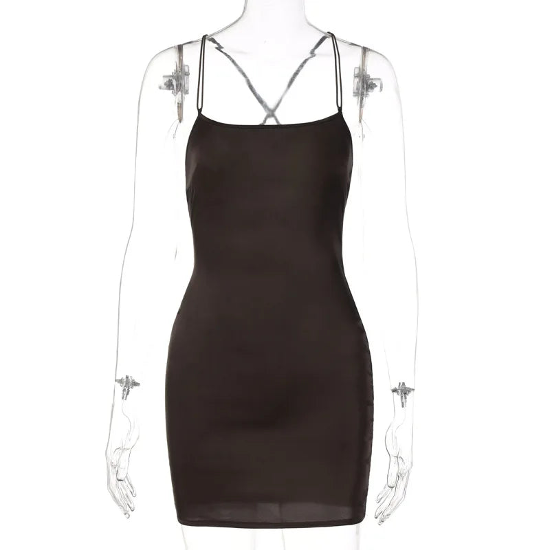 Crisscross Back Satin Mini Party Dress in Dark Brown - View 6 | Clistos