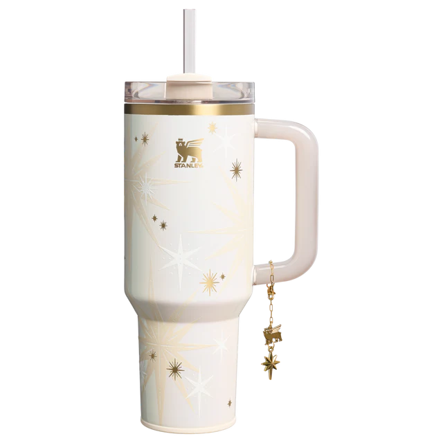 Stanley Celestial Star 40oz insulated tumbler in soft cream with gold starburst pattern and hanging star charm - View 4 | Clistos