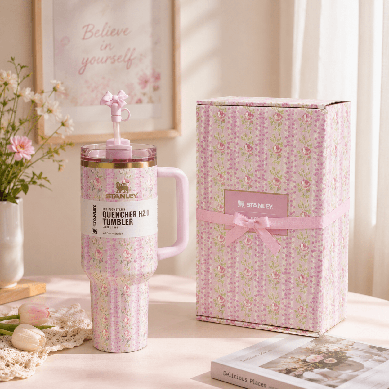 Stanley Blush Lilac Floral 40oz insulated tumbler with matching pastel gift box and bow straw topper - View 1 | Clistos