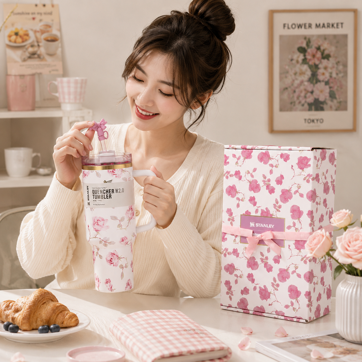 Stanley 40oz Pink Rose Garden Tumbler with bow straw topper and matching floral gift box - View 2 | Clistos