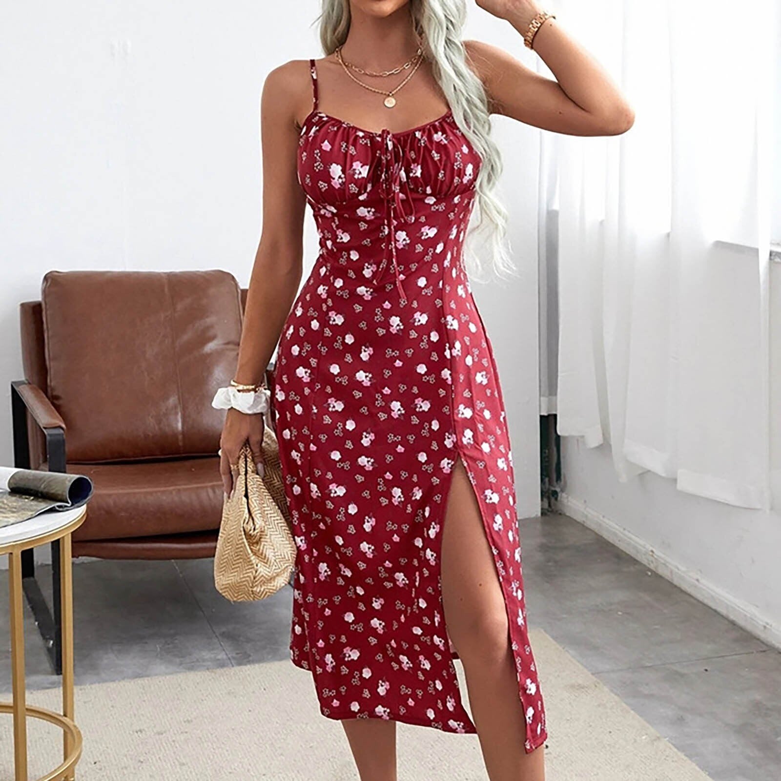 Spaghetti Strap Split Boho Midi Dress - View 9 | Clistos