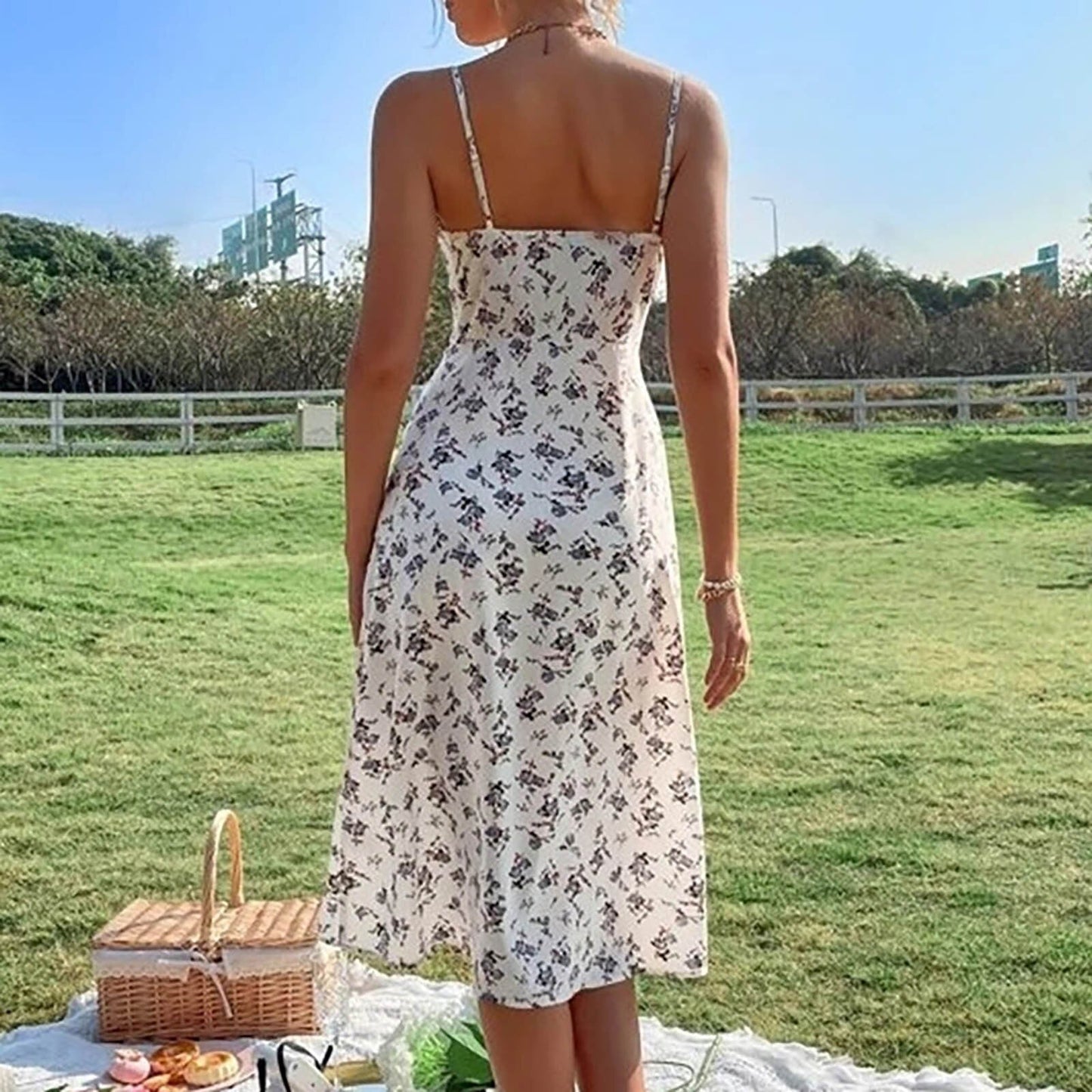Woman wearing a white floral print midi dress with spaghetti straps from behind in a park