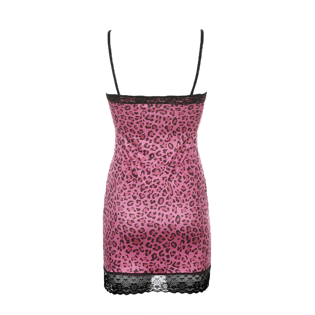 Pink leopard print slip dress with black lace trim on a white background, back view.