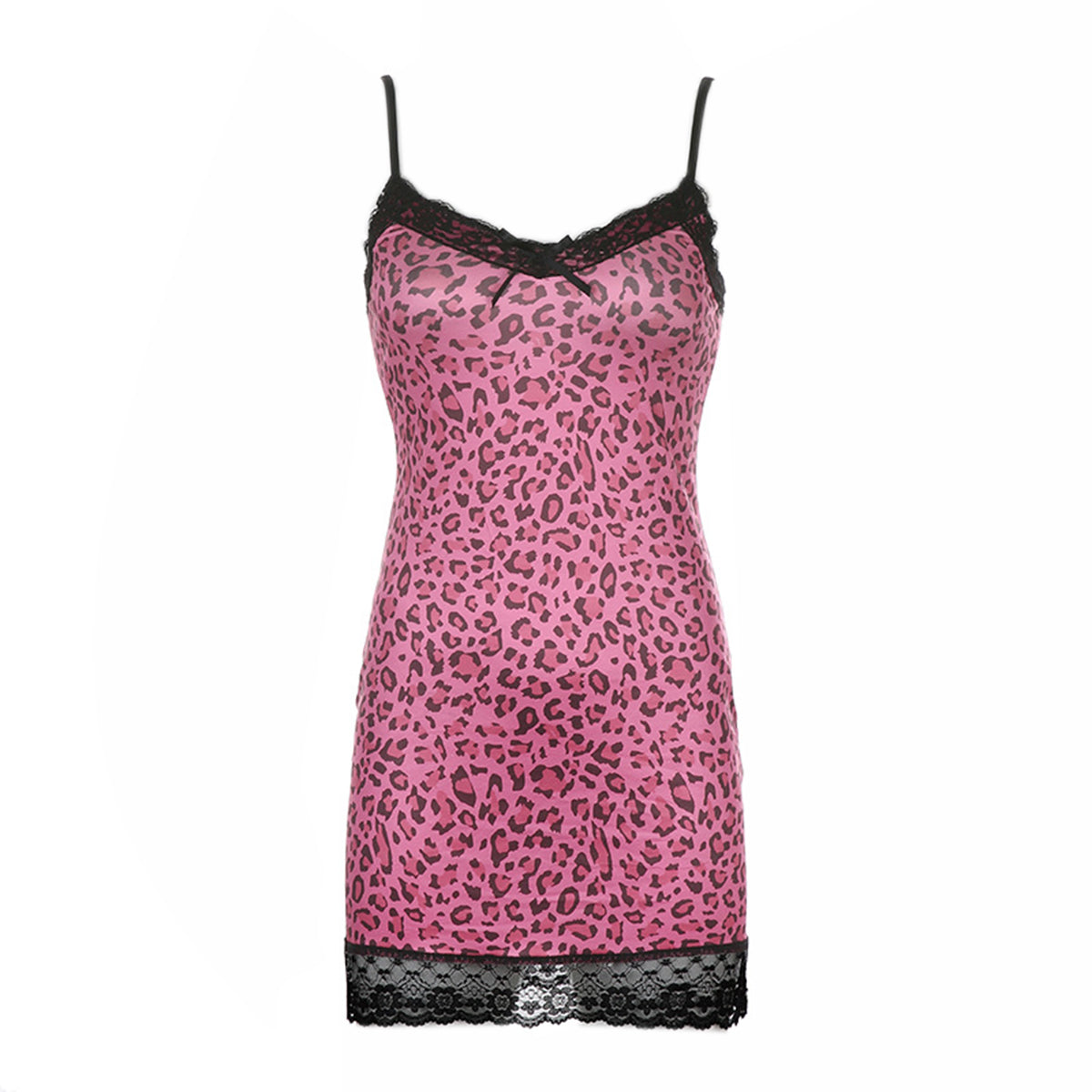 Pink leopard print slip dress with black lace trim on a white background, front view.