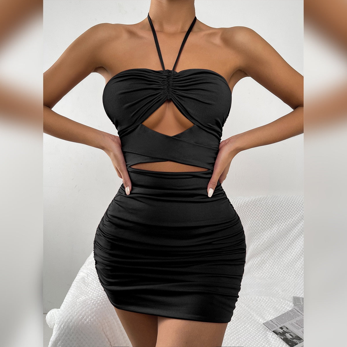 black ruched halter neck cut-out bodycon dress