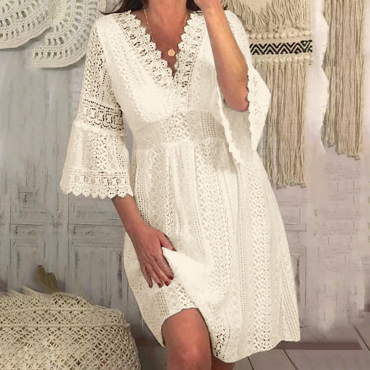 Full body shot of the white lace dress