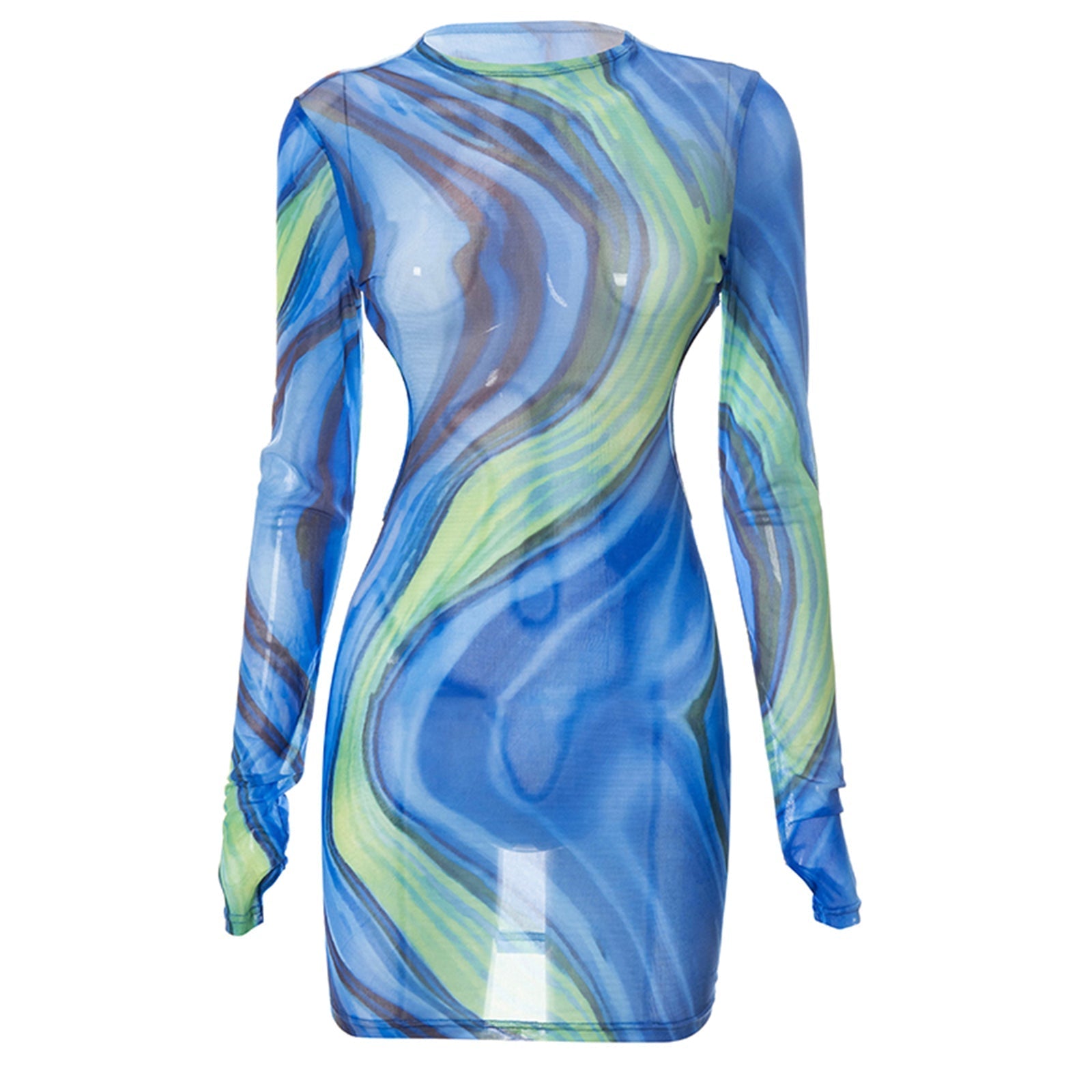 Blue and green abstract print sheer mesh mini dress