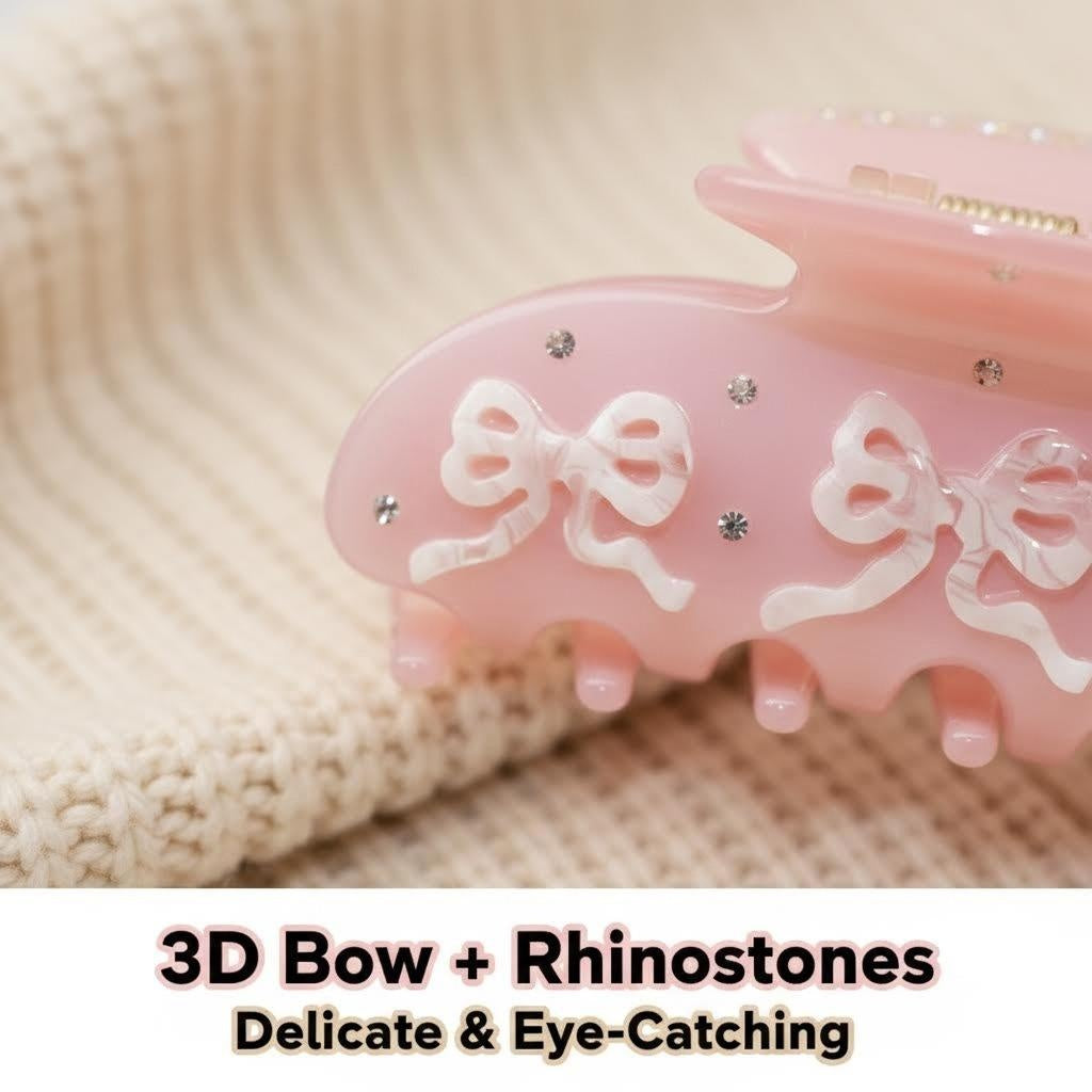 Close-up of a pink claw clip with 3D bows and rhinestones.