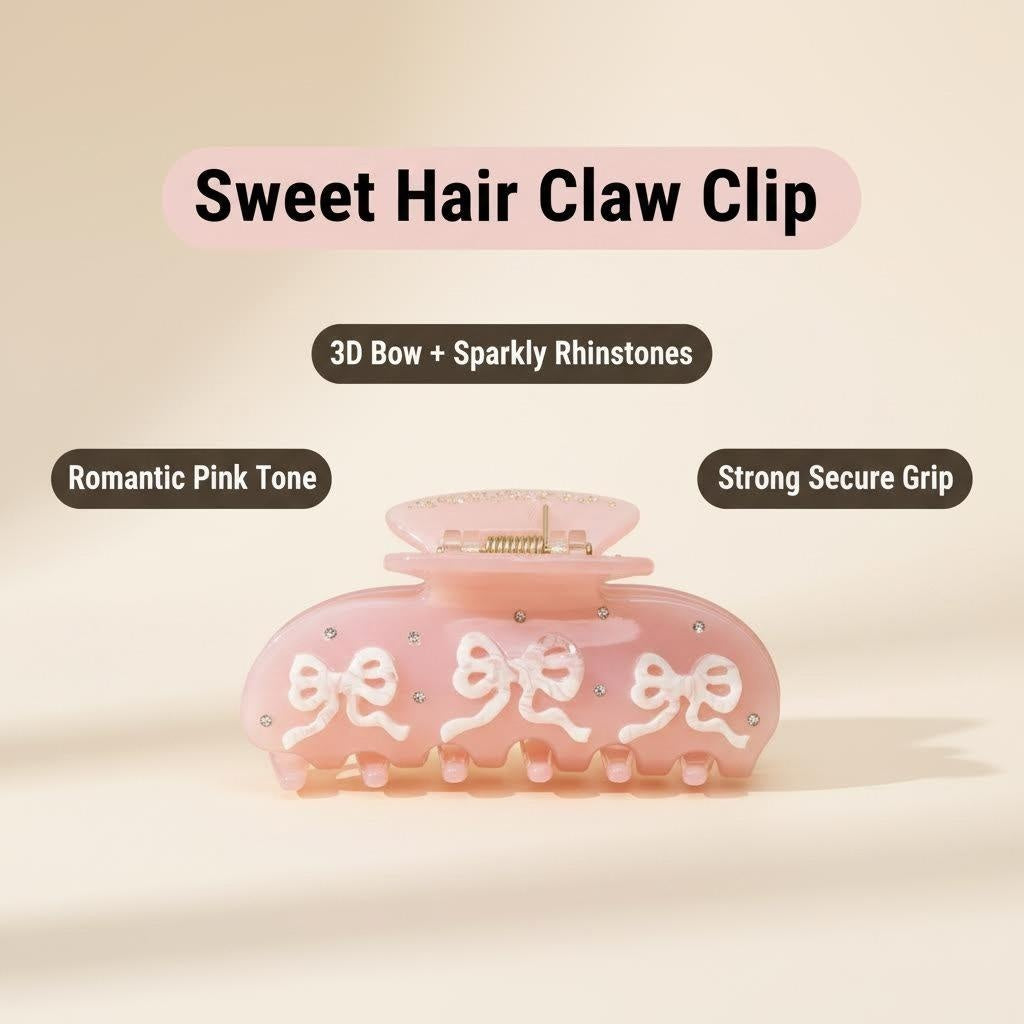 Product description for a pink hair claw clip with bows and rhinestones.