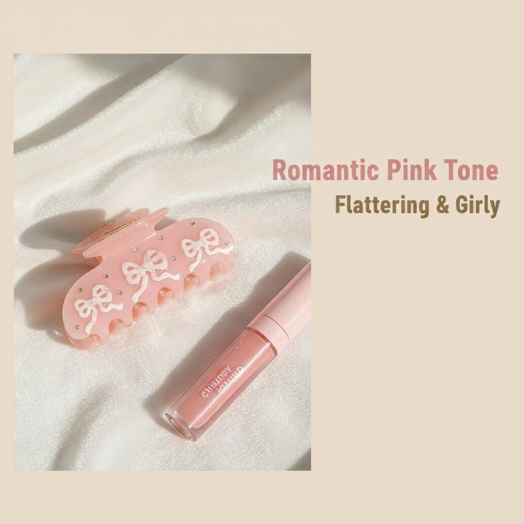 A pink claw clip and a tube of pink lip gloss on a white satin background.