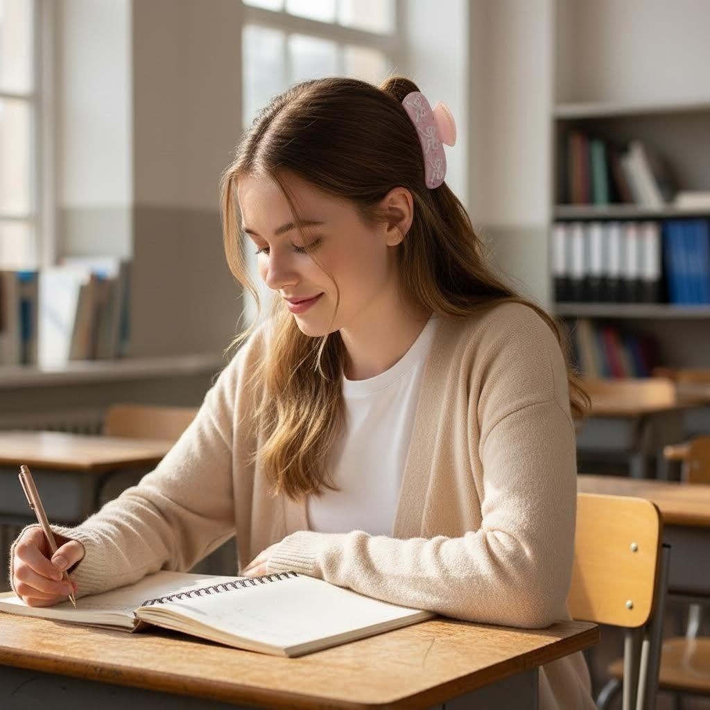 A young woman with long blonde hair wearing a pink claw clip in her hair while writing in a notebook at a desk.