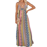 Woman in a bohemian-style maxi dress with spaghetti straps.