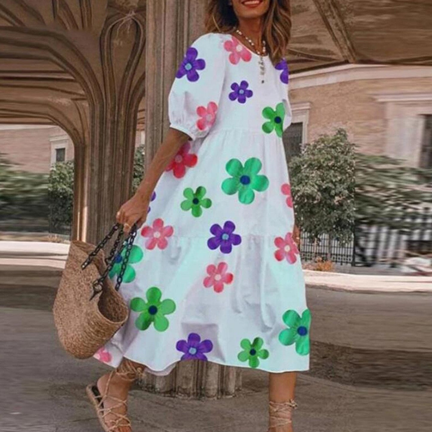 Floral Puff Sleeve Boho Dress - View 7 | Clistos