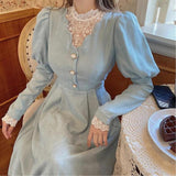 detailed view of the lace neckline and sleeves of a light blue dress